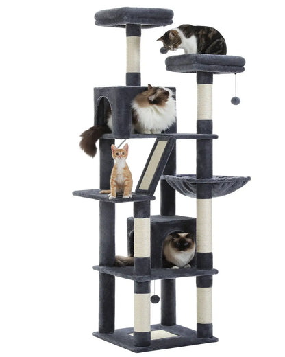 Deluxe 180cm Multi-Level Cat Tree with Plush Condo 6 Scratching Posts 2 Boards Perches Caves Hammock Pompoms for Active Felines