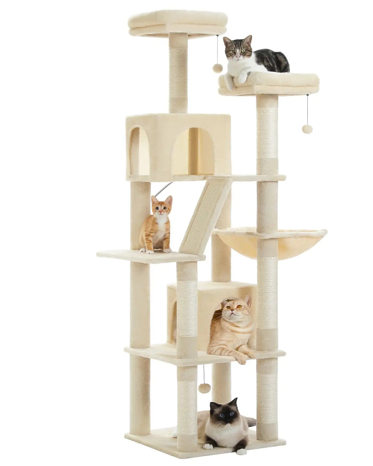 Deluxe 180cm Multi-Level Cat Tree with Plush Condo 6 Scratching Posts 2 Boards Perches Caves Hammock Pompoms for Active Felines