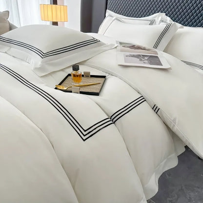 3Pcs 3 Line Embroidery White Black Duvet Cover and Pillow Shams with Zipper Closure Lightwhite Microfiber Ultra Soft Bedding set