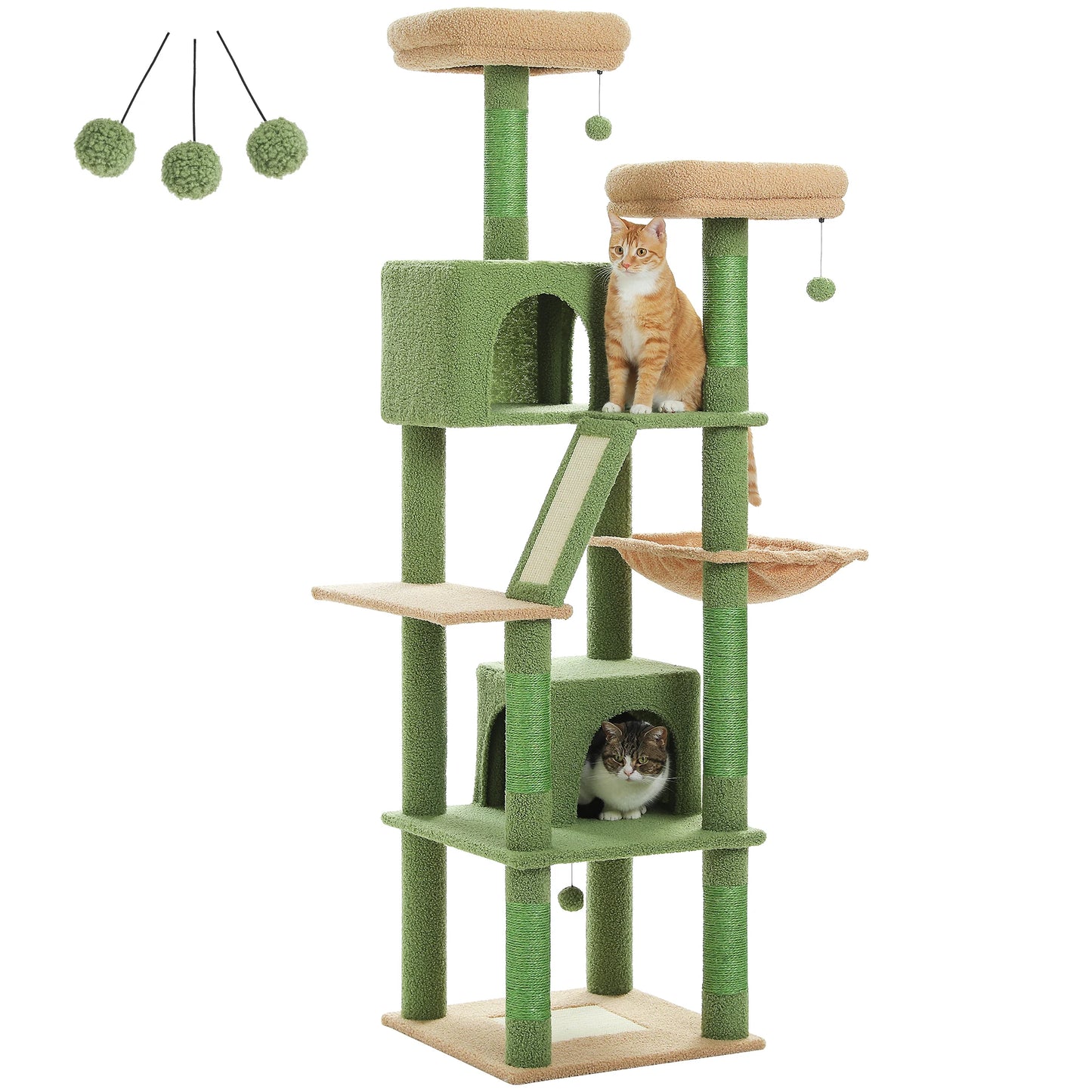 Deluxe 180cm Multi-Level Cat Tree with Plush Condo 6 Scratching Posts 2 Boards Perches Caves Hammock Pompoms for Active Felines