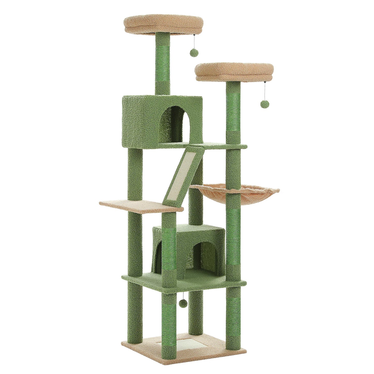 Deluxe 180cm Multi-Level Cat Tree with Plush Condo 6 Scratching Posts 2 Boards Perches Caves Hammock Pompoms for Active Felines