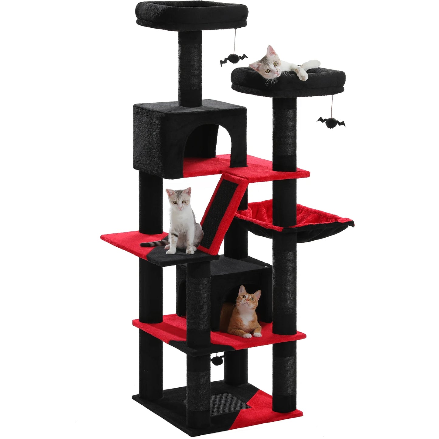 Deluxe 180cm Multi-Level Cat Tree with Plush Condo 6 Scratching Posts 2 Boards Perches Caves Hammock Pompoms for Active Felines