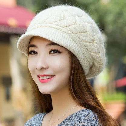 Women's winter solid color warm knitting loose beret leisure ski cap Korean version beret plus velvet thick knitting ear cap