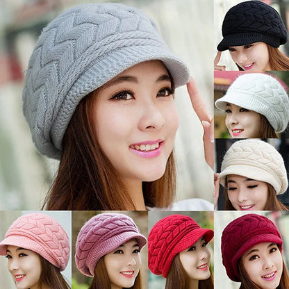 Women's winter solid color warm knitting loose beret leisure ski cap Korean version beret plus velvet thick knitting ear cap