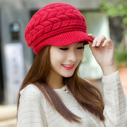 Women's winter solid color warm knitting loose beret leisure ski cap Korean version beret plus velvet thick knitting ear cap