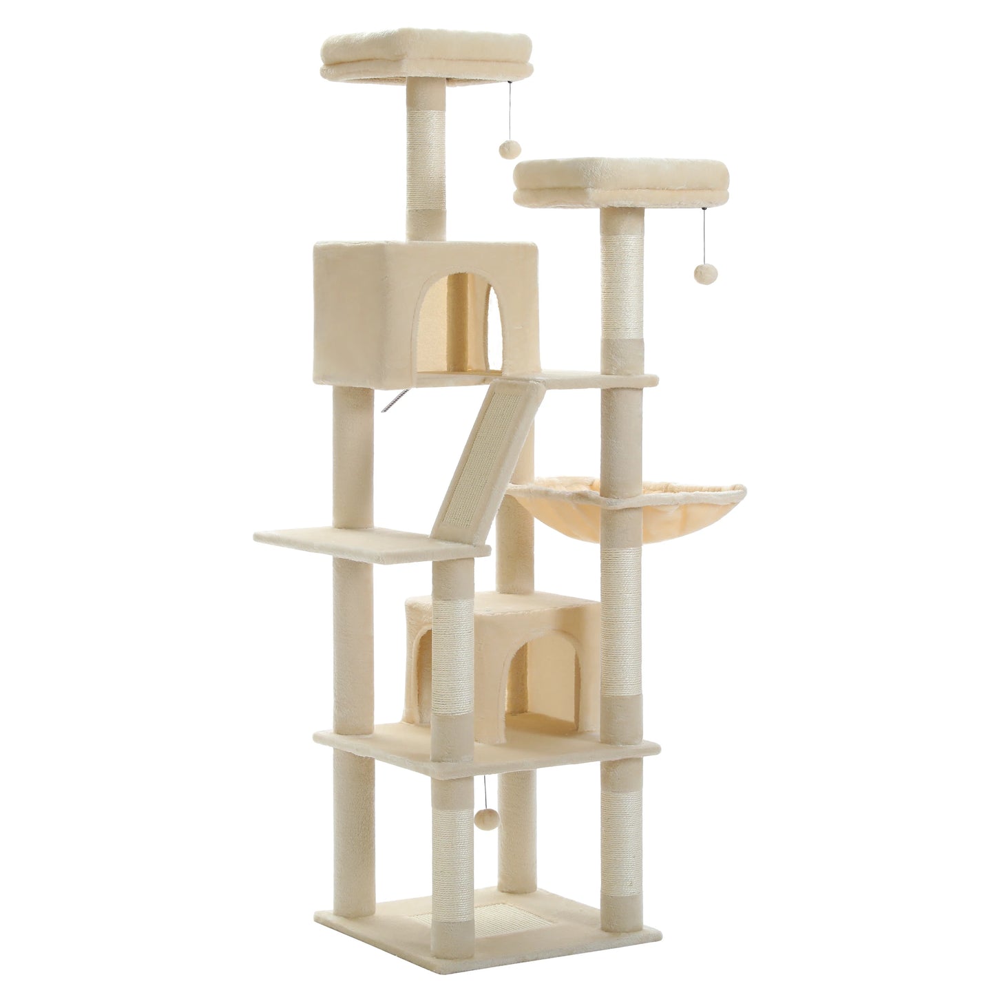 Deluxe 180cm Multi-Level Cat Tree with Plush Condo 6 Scratching Posts 2 Boards Perches Caves Hammock Pompoms for Active Felines