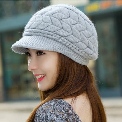 Women's winter solid color warm knitting loose beret leisure ski cap Korean version beret plus velvet thick knitting ear cap