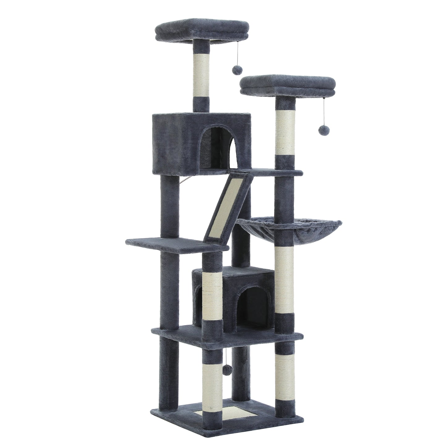 Deluxe 180cm Multi-Level Cat Tree with Plush Condo 6 Scratching Posts 2 Boards Perches Caves Hammock Pompoms for Active Felines