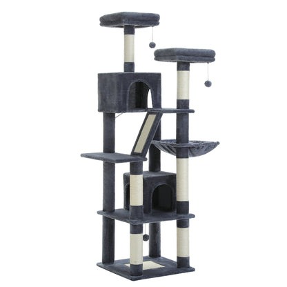 Deluxe 180cm Multi-Level Cat Tree with Plush Condo 6 Scratching Posts 2 Boards Perches Caves Hammock Pompoms for Active Felines