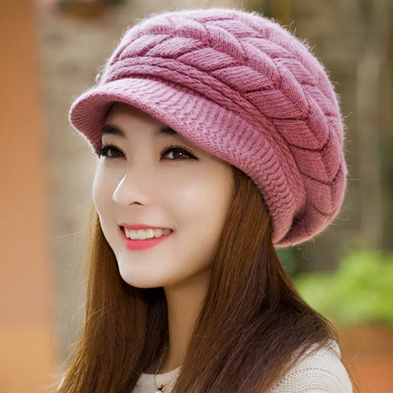 Women's winter solid color warm knitting loose beret leisure ski cap Korean version beret plus velvet thick knitting ear cap