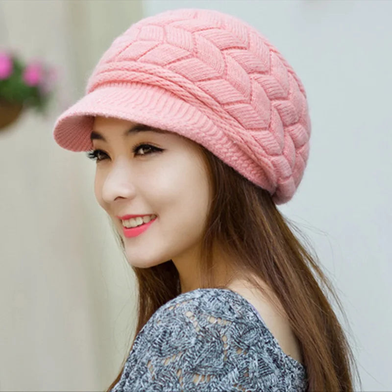 Women's winter solid color warm knitting loose beret leisure ski cap Korean version beret plus velvet thick knitting ear cap