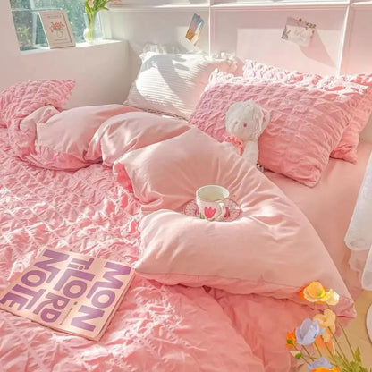 Princess Bedding Set  French Style Wash Cotton Solid Color Seersucker Summer Soft 2024New Bed Sheet Set Comforter Set