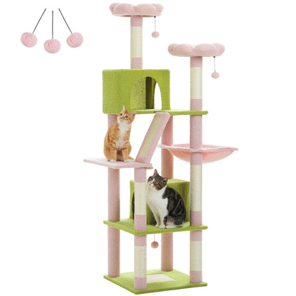 Deluxe 180cm Multi-Level Cat Tree with Plush Condo 6 Scratching Posts 2 Boards Perches Caves Hammock Pompoms for Active Felines