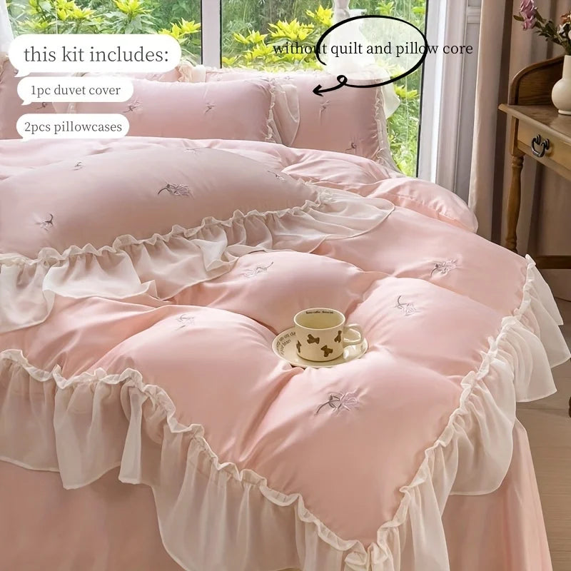 3pcs Elegant rose embroidery Bedding set Lace Duvet Cover Set (1*Duvet Cover + 2*Pillowcase, Without Core)for bedroom guest room