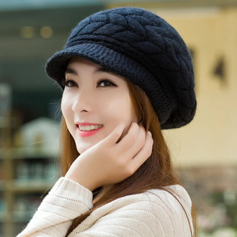 Women's winter solid color warm knitting loose beret leisure ski cap Korean version beret plus velvet thick knitting ear cap